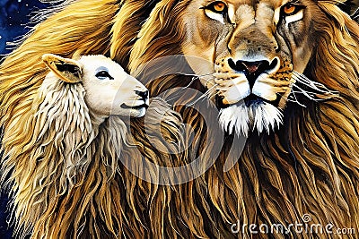 The Lion and the Lamb in watercolor illustration Stock Photo