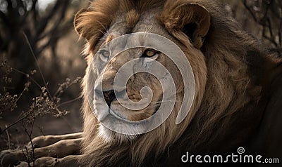The lion lies alone, basking in the warmth of sun Creating using generative AI tools Stock Photo