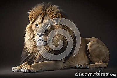 The lion lies on a black background. Generative AI Cartoon Illustration