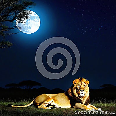 lion lies in the savannah at night in the background is a Cartoon Illustration