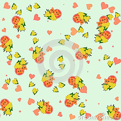Lion and lioness with bouquet of dandelion - seamless cartoon animal and flower cute pattern Stock Photo