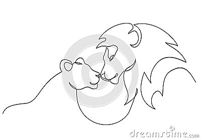 Lion with lioness in love. Lion family. One line drawing Vector Illustration