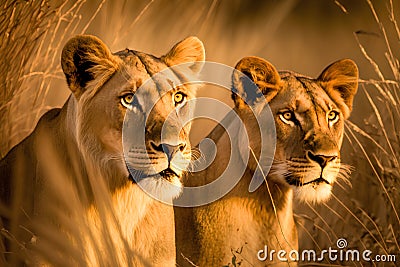 Lion and lioness in the savannah of Zimbabwe, Africa Stock Photo