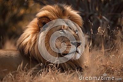 A lion with a lush mane resting on the grass, ai-generated artwork Stock Photo
