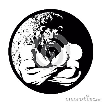 A lion man fighter black and white Vector Illustration