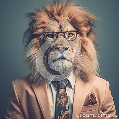 Lion Man In Suit And Glasses: Moody Colors And Innovative Techniques Stock Photo