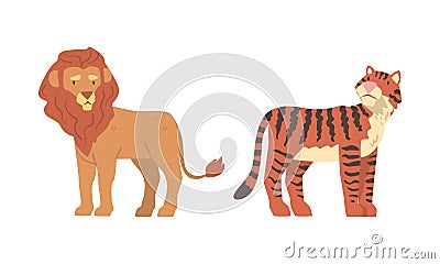 Lion with Mane and Striped Tiger as Wild African Animal Living in Savannah Vector Set Vector Illustration