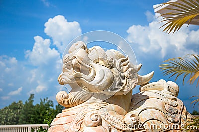 Lion marble face, Chinese Lion, stone carving sculpture ,the symbol of Power, by Chinese. Stone Lion sculpture. Sculpture of Chine Stock Photo