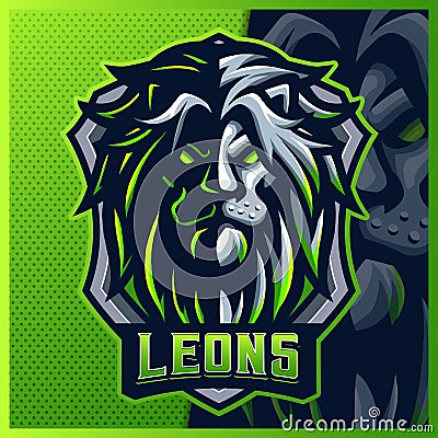 Lion mascot esport logo design illustrations vector template, Green Lion logo for team game streamer youtuber banner twitch Vector Illustration