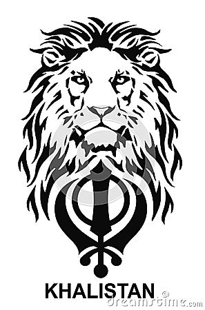 The Lion and the most significant symbol of Sikhism - Sign of Khanda, drawing for tattoo Vector Illustration