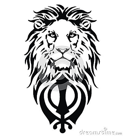 The Lion and the most significant symbol of Sikhism - Sign of Khanda, drawing for tattoo Vector Illustration