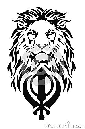 The Lion and the most significant symbol of Sikhism - Sign of Khanda, drawing for tattoo Stock Photo