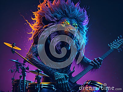 lion musician plays on the street at night. Stock Photo