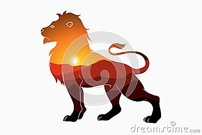 Lion and nature double exposure - animal silhouette with mountain landscape and sun. Modern trendy illustration for logo. Vector Illustration