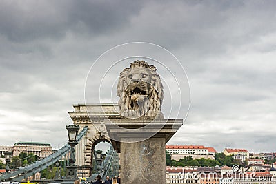 Lion near the Chain Bridge in Budapest Editorial Stock Photo