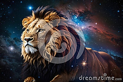 A HD Photo of a Lion against a Night Sky Galaxy Planet Background Stock Photo