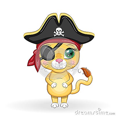 Lion pirate, cartoon character of the game, wild animal cat in a bandana and a cocked hat with a skull, with an eye Vector Illustration