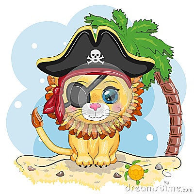 Lion pirate, cartoon character of the game, wild animal cat in a bandana and a cocked hat with a skull, with an eye Vector Illustration