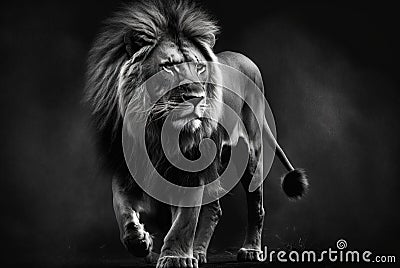 Lion portrait in black and white, wild African animal walks at night, generative AI Stock Photo