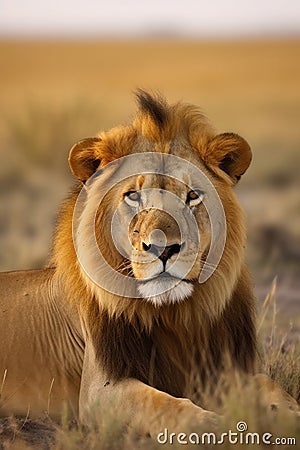 Lion portrait on savanna landscape AI generated Stock Photo