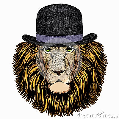 Lion. Portrait of wild lion. Safari animal head. Bowler hat. Vector Illustration