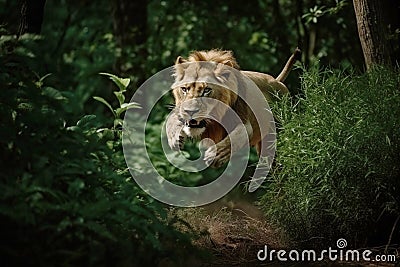 A lion predator jumps out of the green jungle, close-up. Carnivore animal hunter of the wild. AI generated. Stock Photo