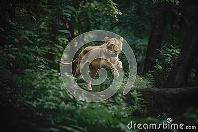 A lion predator jumps out of the green jungle, close-up. Carnivore animal hunter of the wild. AI generated. Stock Photo