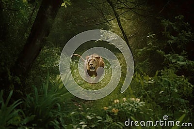 A lion predator jumps out of the green jungle, close-up. Carnivore animal hunter of the wild. AI generated. Stock Photo