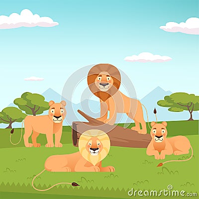 Lion pride landscape. Wild fur animal hunters background vector zoo concept Vector Illustration