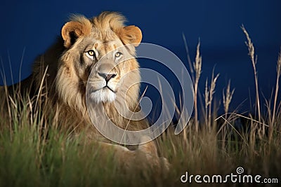 a lion prowling in the moonlit grasslands Stock Photo