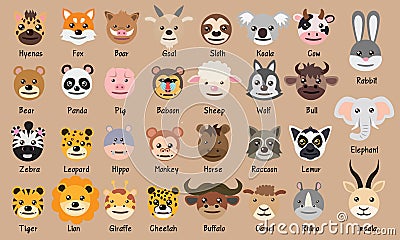 Lion rabbit cow boar fox koala bull elephant lemur raccoon buffalo tiger hippo zebra leopard panda bear pig Cute Head Cartoon Vec Vector Illustration