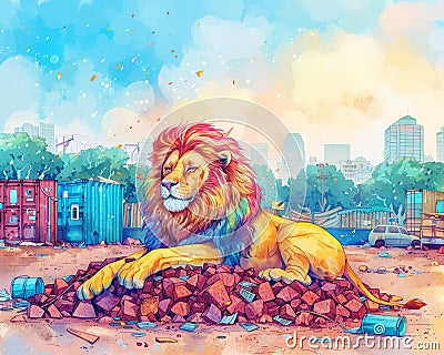 A lion rests on a mound of copper scraps, surrounded by polluted air in an urban setting Cartoon Illustration