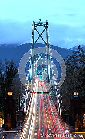 Lion`s Gate Bridge at Dusk, Time Exposure, Vancouver, BC, Canada Stock Photo