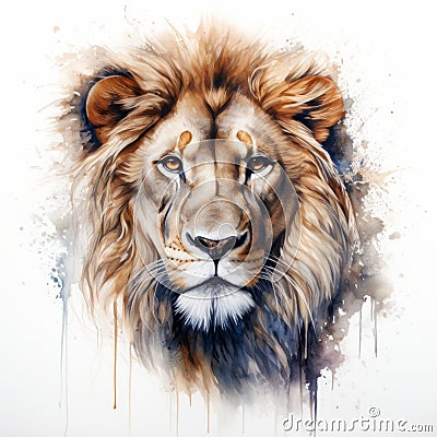 Moody Lion Head Watercolor Painting - Detailed Illustration In Spray Painted Realism Cartoon Illustration