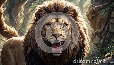 Lion's Roar in Mystic Forest Stock Photo