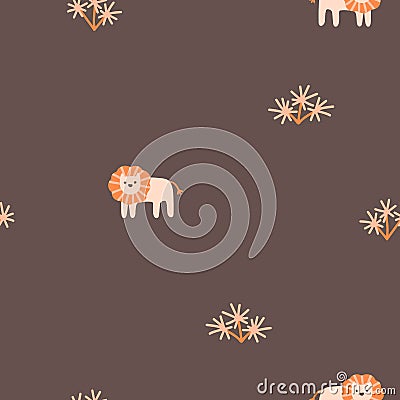 Lion seamless minimalistic pattern with palm trees. Cute cartoon characters on a brown background. Hand-drawn Vector Illustration