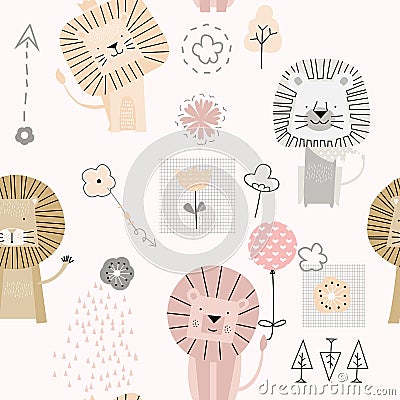 Lion seamless pattern, cartoon style Vector Illustration