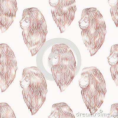 Lion seamless pattern. Graphic in rose gold colors. Vector Illustration