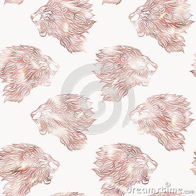 Lion seamless pattern. Graphic in rose gold colors. Vector Illustration