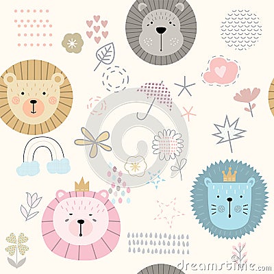 Lion seamless pattern, cartoon style Vector Illustration