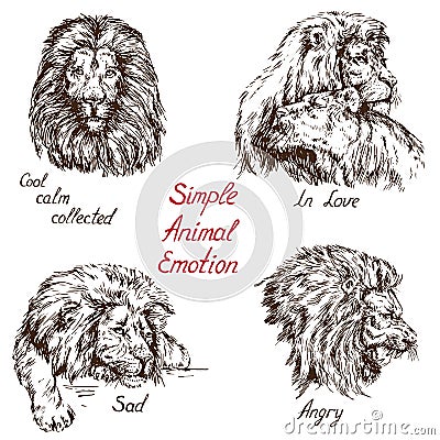 Lion Simple animal emotion set, with inscription, cool, calm, collected, in love, sad, angry Vector Illustration