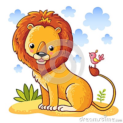 Lion sitting on a sandy meadow. Cartoon Illustration