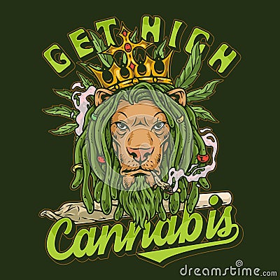 Lion smoking cannabis poster colorful Vector Illustration