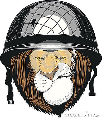 Lion in a soldier`s helmet Vector Illustration
