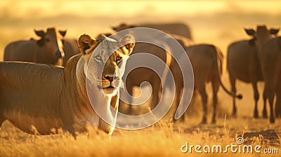 A lion standing in front of a herd of cattle. AI generative image. Stock Photo