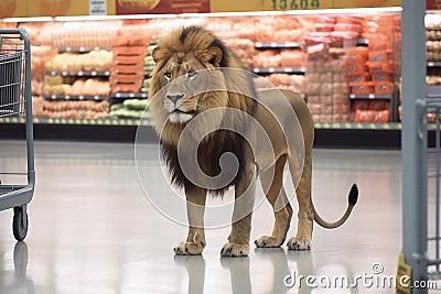 A lion walking down a grocery store aisle, Generative AI Stock Photo
