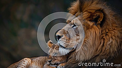 a lion standing protectively in front of his baby, nestled safely underneath, symbolizing strength, love, and familial Stock Photo