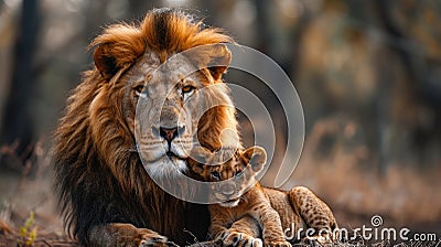 a lion standing protectively in front of his baby, nestled safely underneath, symbolizing strength, love, and familial Stock Photo