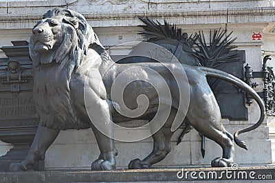 Lion statue on monunemt of Liberty in Place de la Republique in Paris Editorial Stock Photo