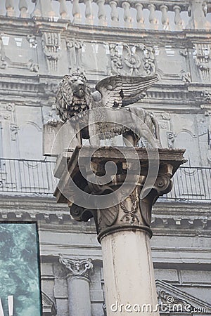 Lion statue of St Mark, Erbe square, Verona. Editorial Stock Photo